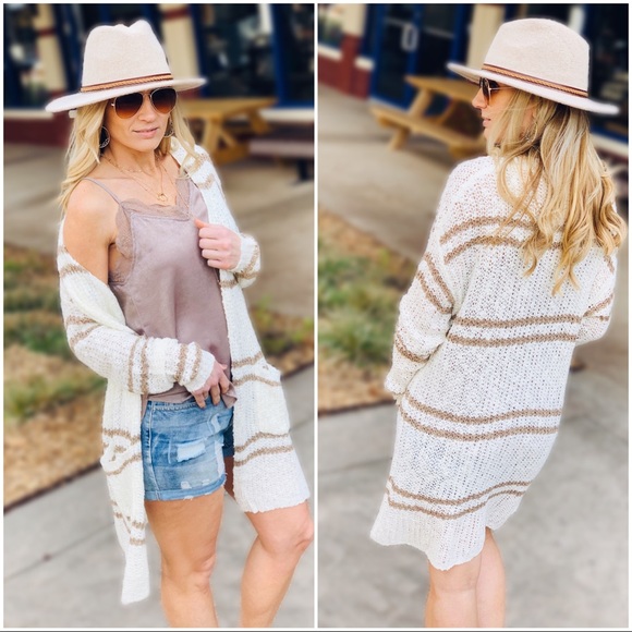 Infinity Raine Sweaters - Cream and Taupe double stripe long cardigan